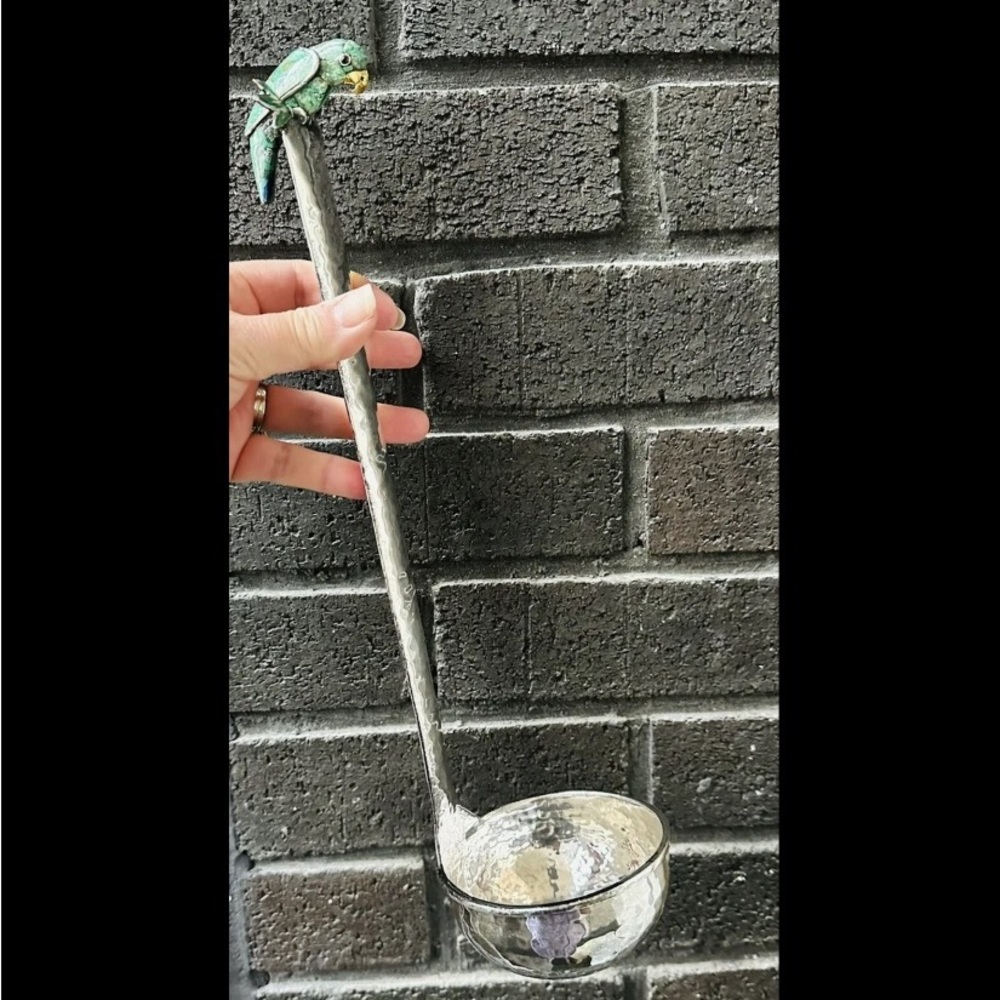 VINTAGE 90s EMILIA CASTILLO MEXICAN SILVER PLATE HAMMERED LADLE TURQUOISE PARROT